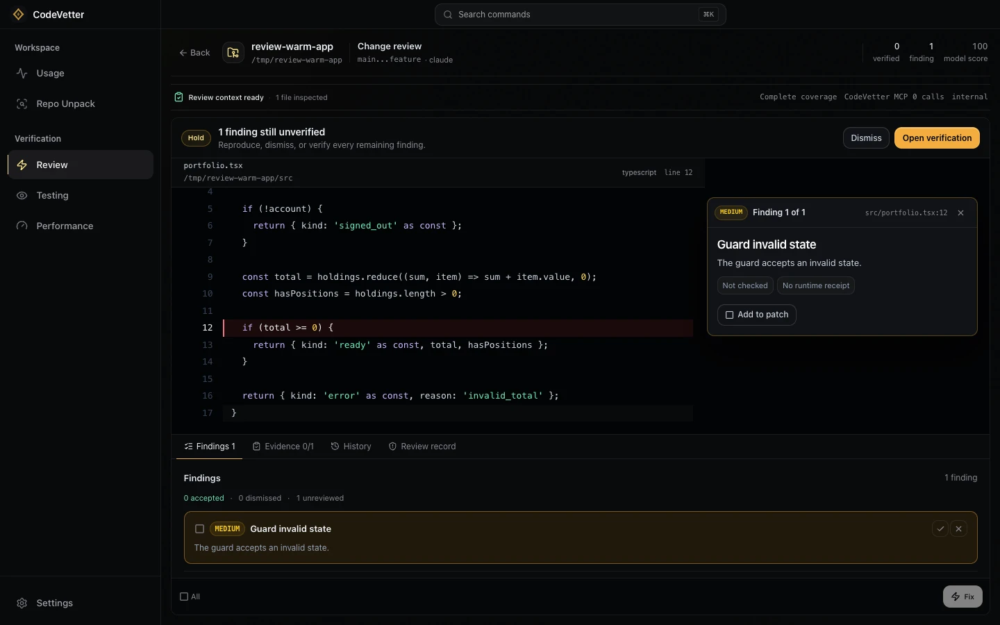 CodeVetter desktop review workbench showing a local review result, finding list, evidence status, and code inspection panel